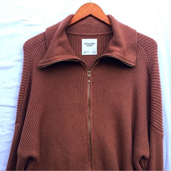 ABERCROMBIE & FITCH | LARGE BROWN DOUBLE ZIP RIBBED KNIT CARDIGAN - Picture 3 of 6